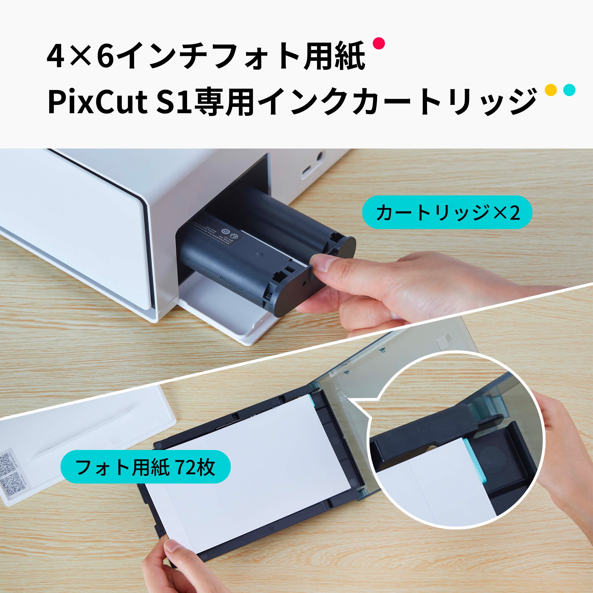 PixCut S1 4x6インチ フォト用紙ペーパー 72枚 & インクカートリッジ 2個